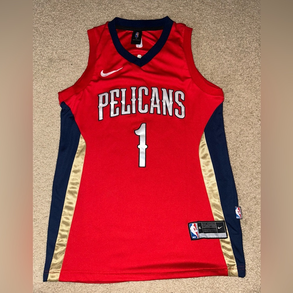 Nike Red Pelicans Jersey with Navy and Gold Accents